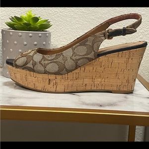 COACH Ferry Khaki Signature Canvas Open Toe Cork Platform Wedge Sandals